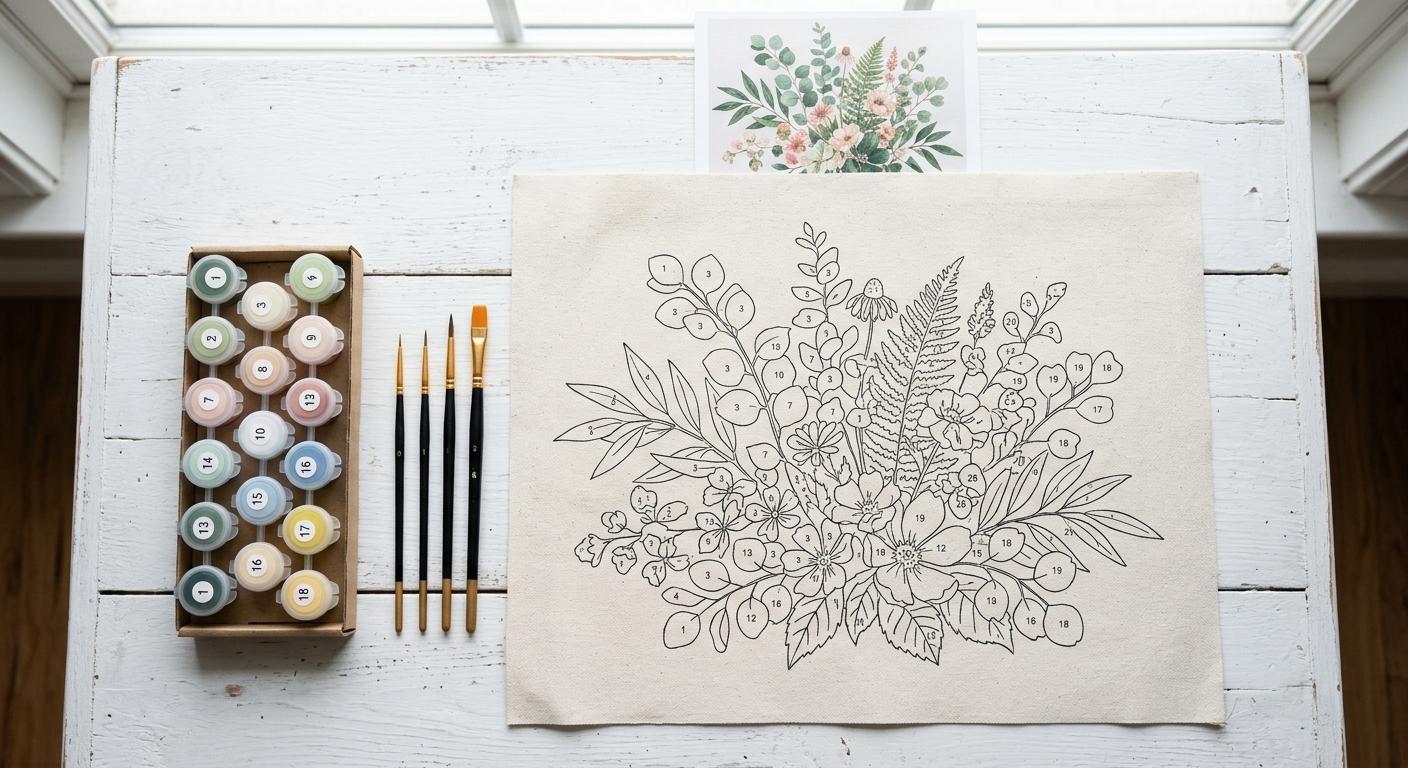 A flat lay of a paint by numbers kit - numbered canvas, small labeled paint pots, and fine brushes arranged on a white wooden surface