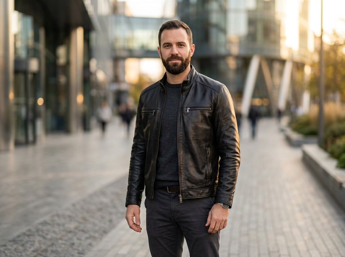 A man wearing a black leather jacket standing outdoors in a city setting with modern buildings behind him.