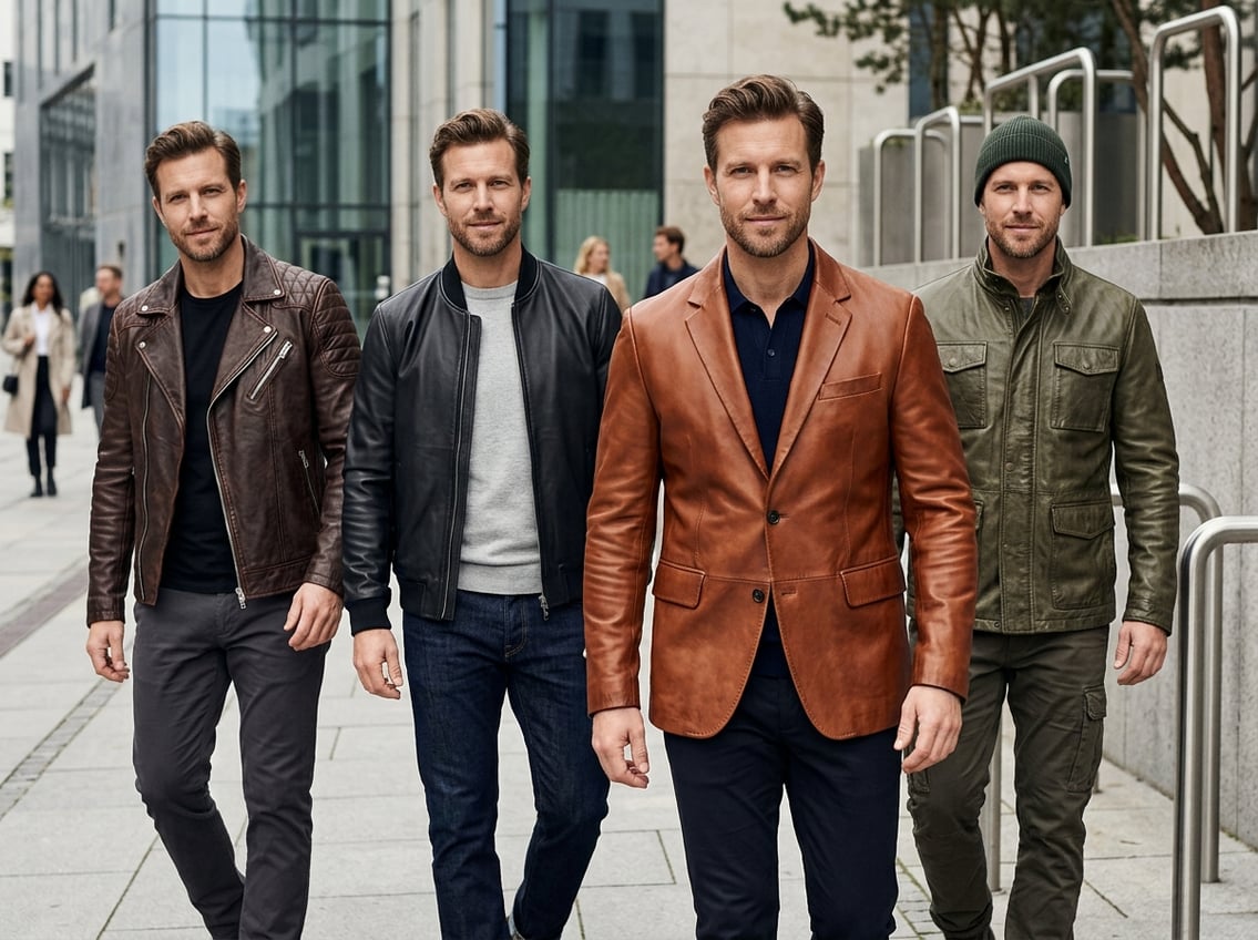A man wearing different leather jackets poses outdoors in an urban setting.