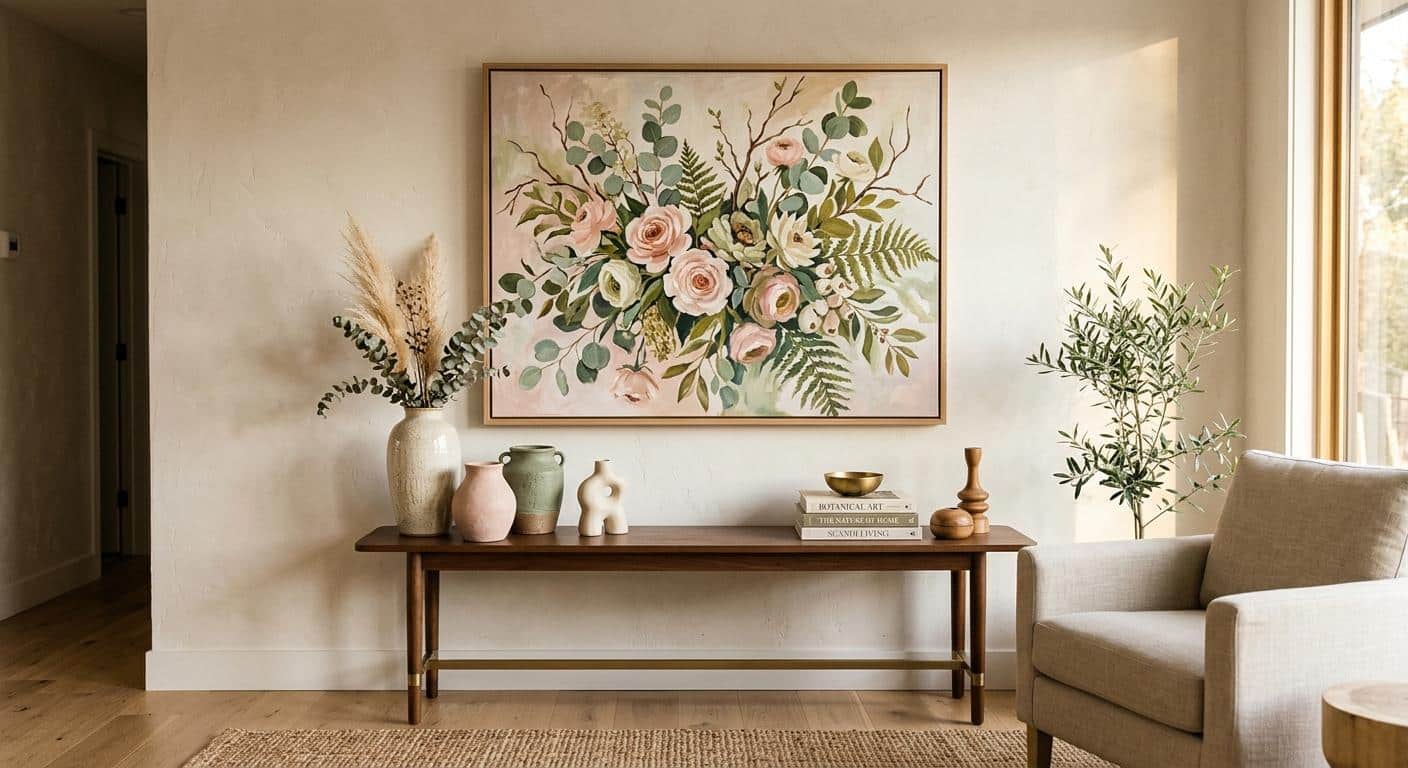 A styled living room wall featuring a large loose botanical painting in blush, green, and cream tones above a narrow console table with ceramic objects