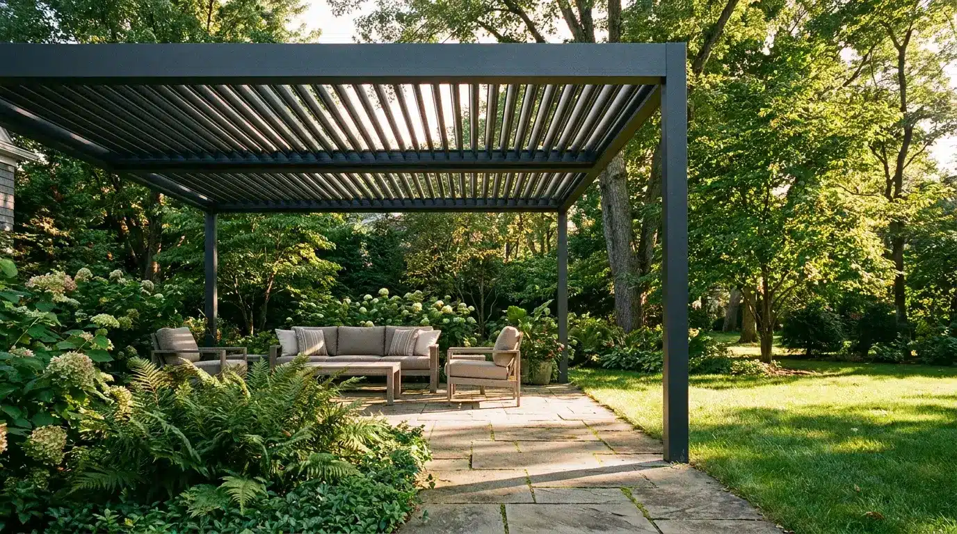 Modern patio with gray pergola and outdoor seating surrounded by lush green garden