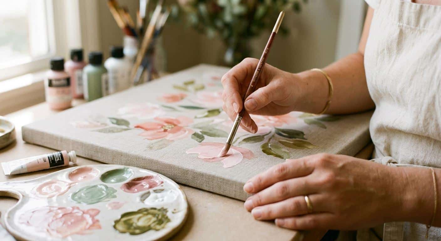 Close-up of a woman’s hands holding a fine brush over a canvas with soft floral shapes in blush and sage green tones