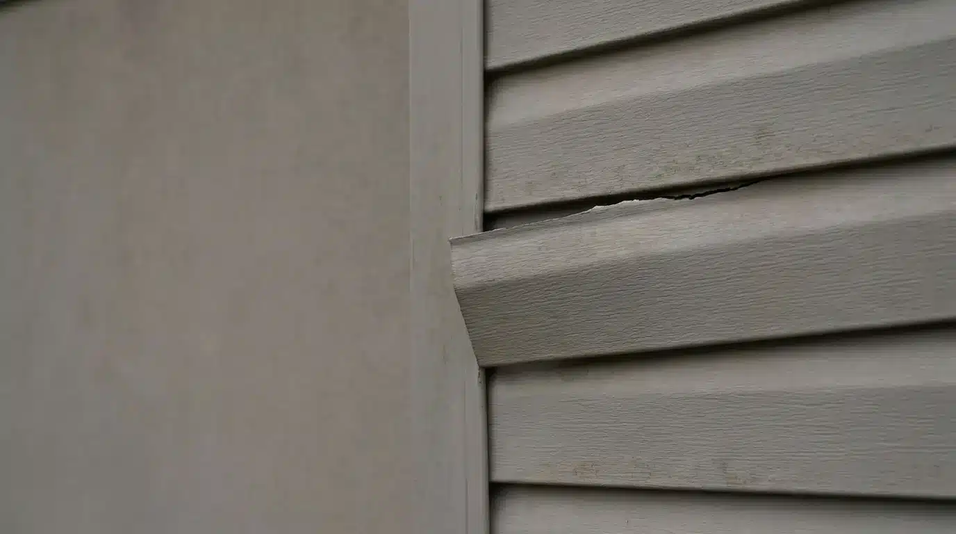 Damaged beige vinyl siding with visible crack in outdoor setting