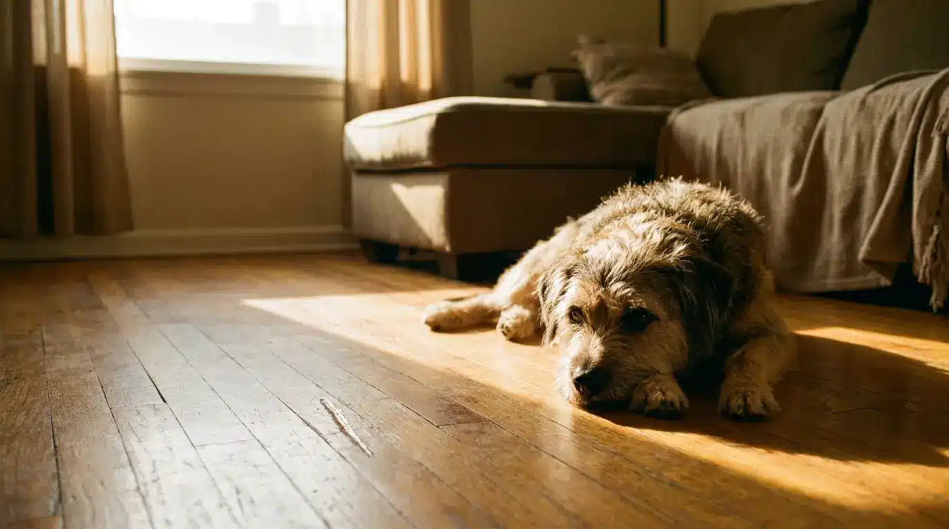 Dog resting on wooden floor in sunlight beside sofa in cozy living room