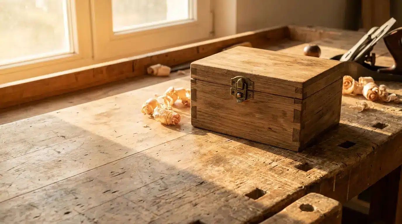 Wooden box with latch on rustic workbench in sunlit workshop
