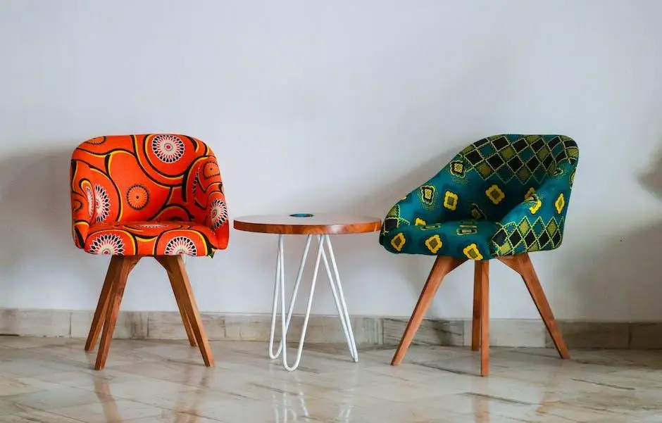 Colorful patterned chairs with small round table on marble floor in minimalist room