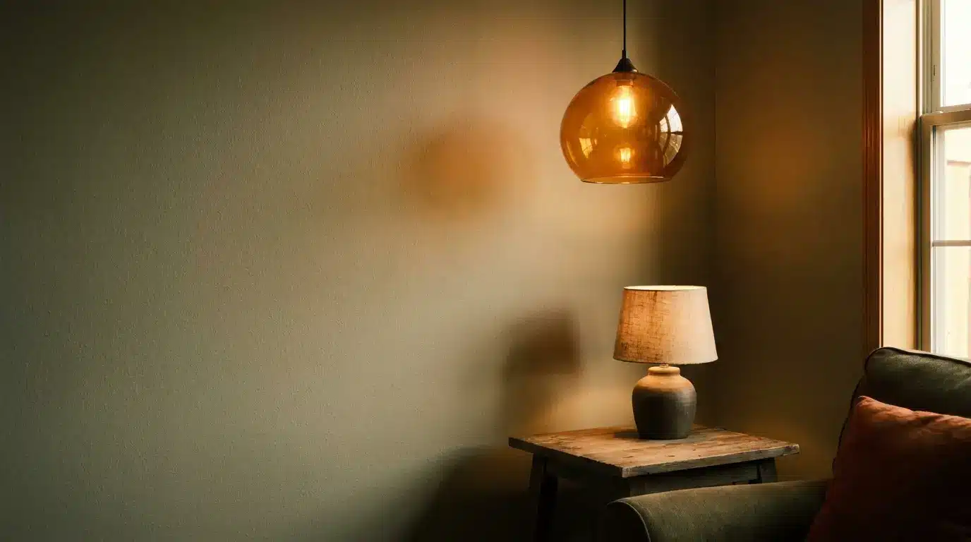 Amber pendant light and ceramic table lamp on rustic wooden side table in cozy living room