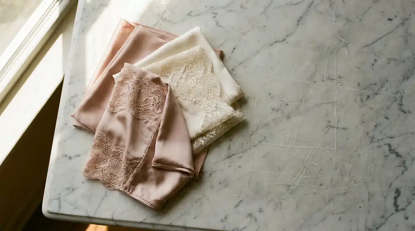 Lace-trimmed satin fabric pieces on a scratched marble surface in natural light
