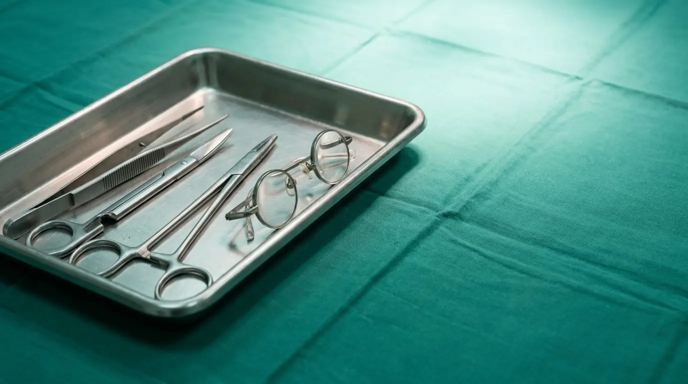 Surgical tools and glasses on a stainless steel tray in a medical setting