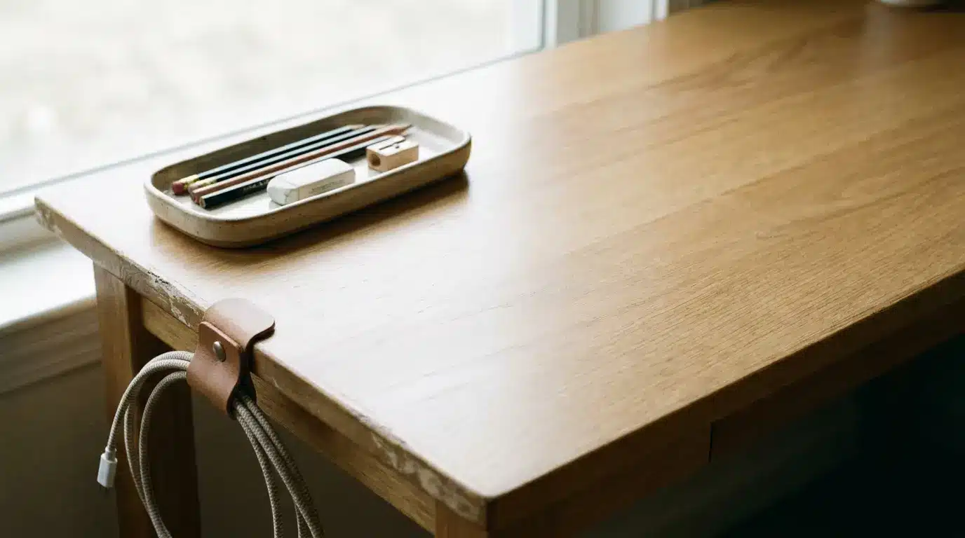 Wooden desk with pencil tray and leather cable organizer by a window