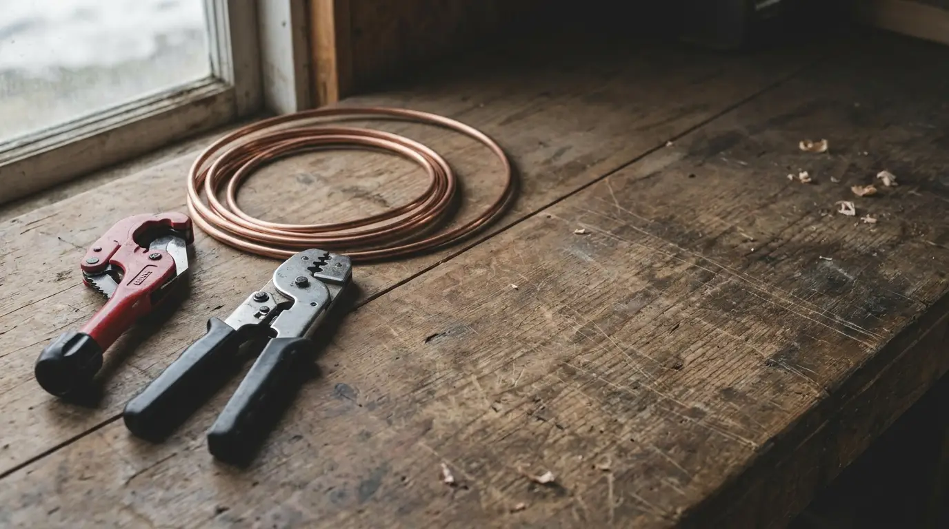 Red pipe cutter and crimping tool next to coiled copper wire on wooden workbench