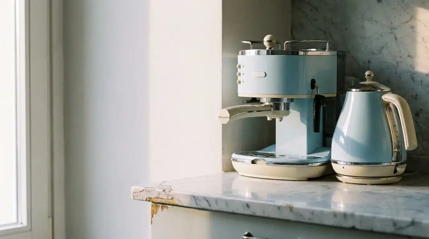 Blue espresso machine and kettle on marble countertop in sunlit kitchen setting