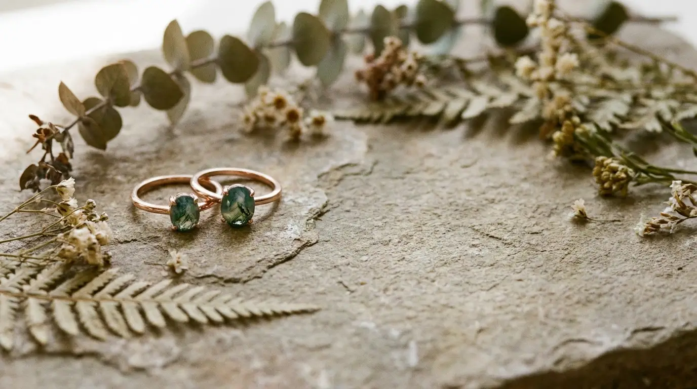 Two rose gold rings with green gemstones on stone slab surrounded by dried flowers