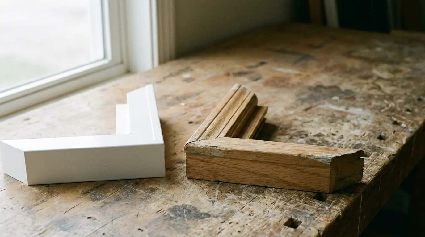Wooden and white picture frame corners on rustic workbench by a bright window