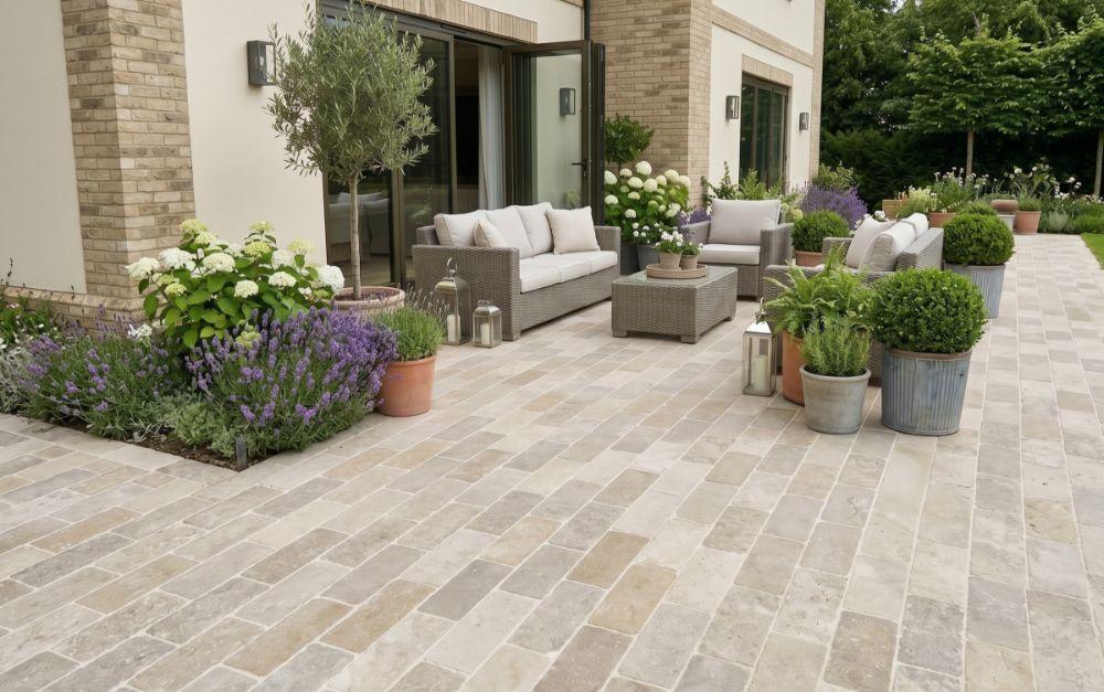 Dijon limestone pavers create a warm foundation for outdoor dining area