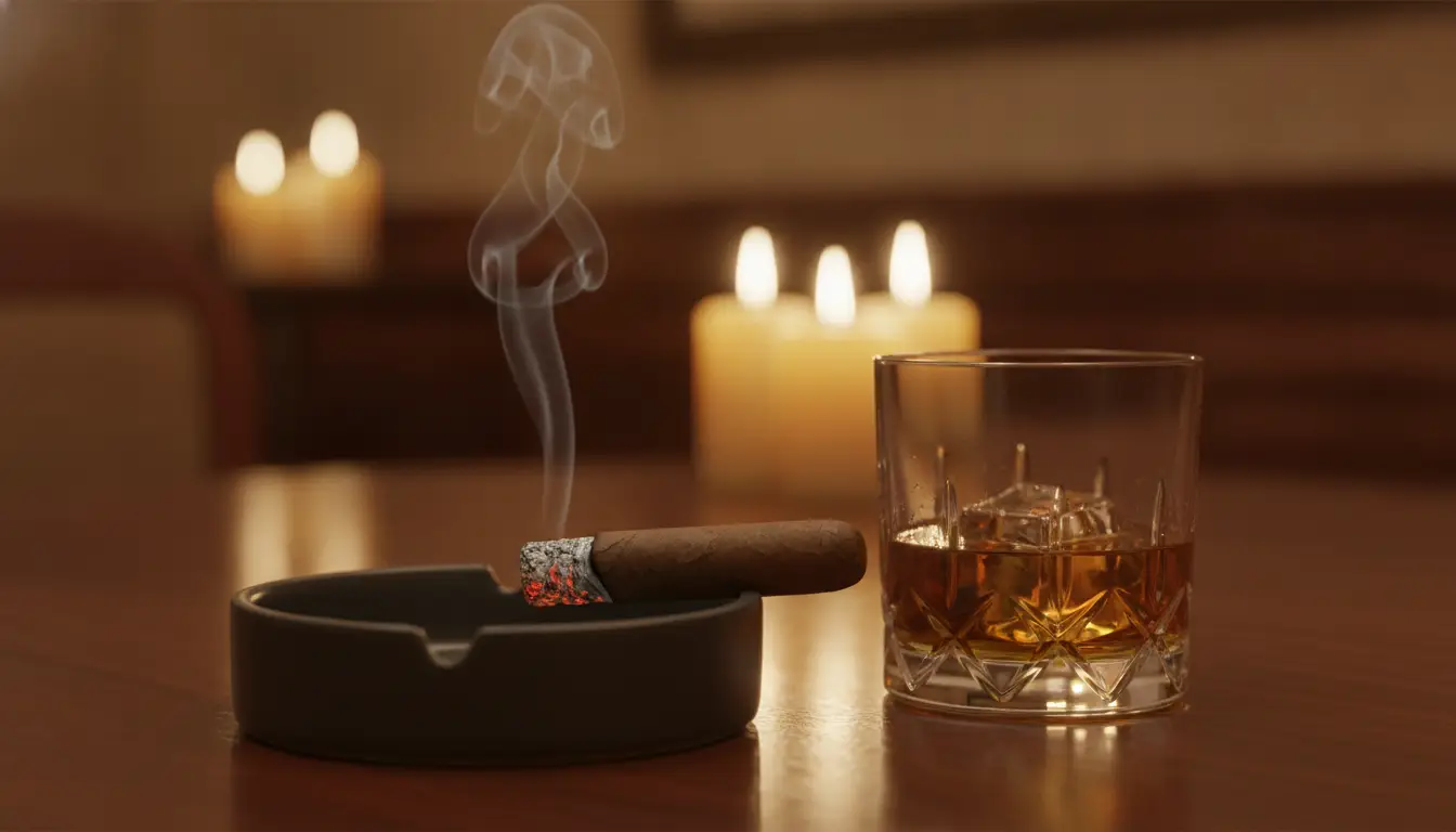 Cigar resting in ashtray beside glass of whiskey on wooden table with candles