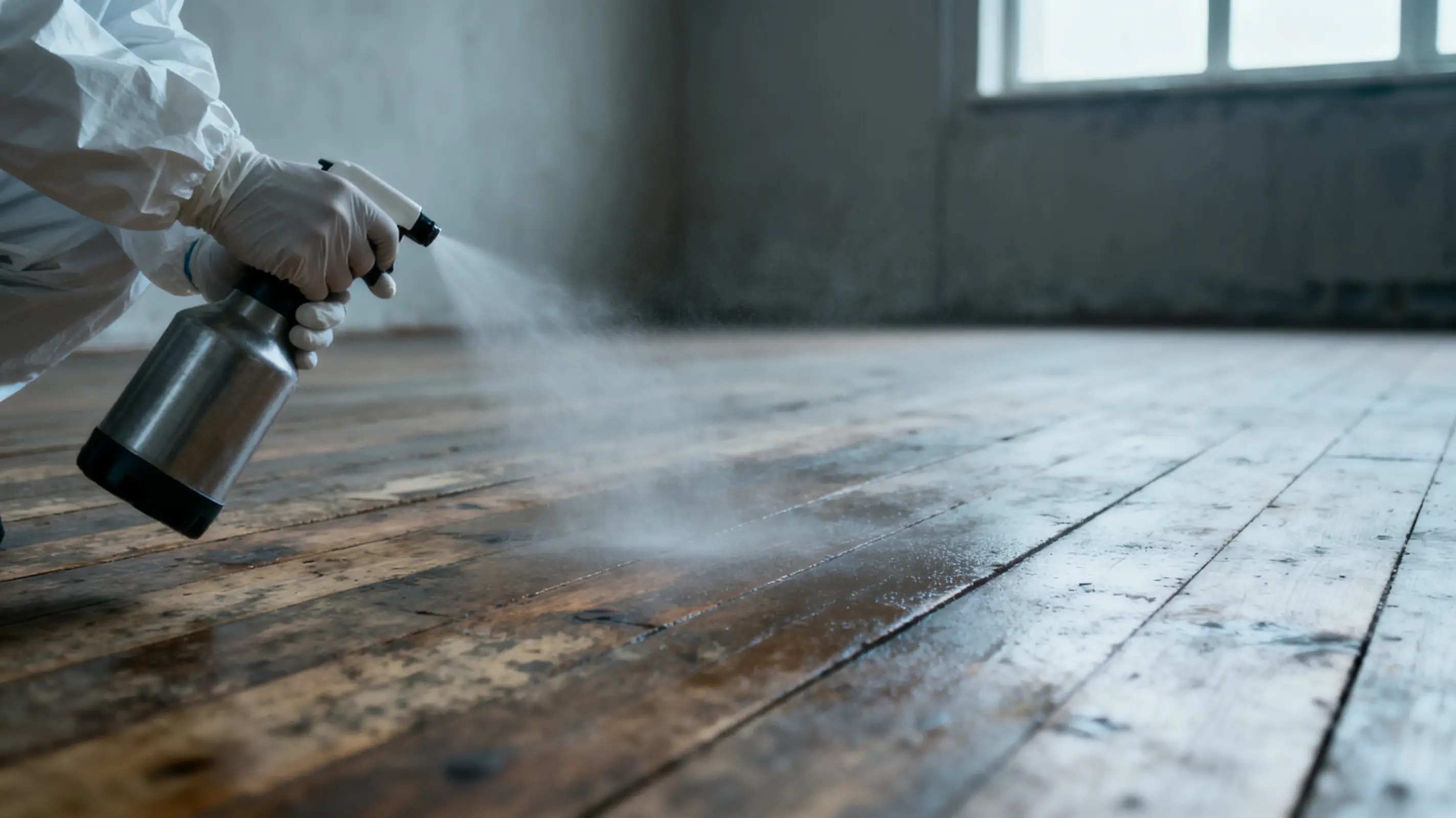 Gloved hand spraying disinfectant on wooden floor in dimly lit room