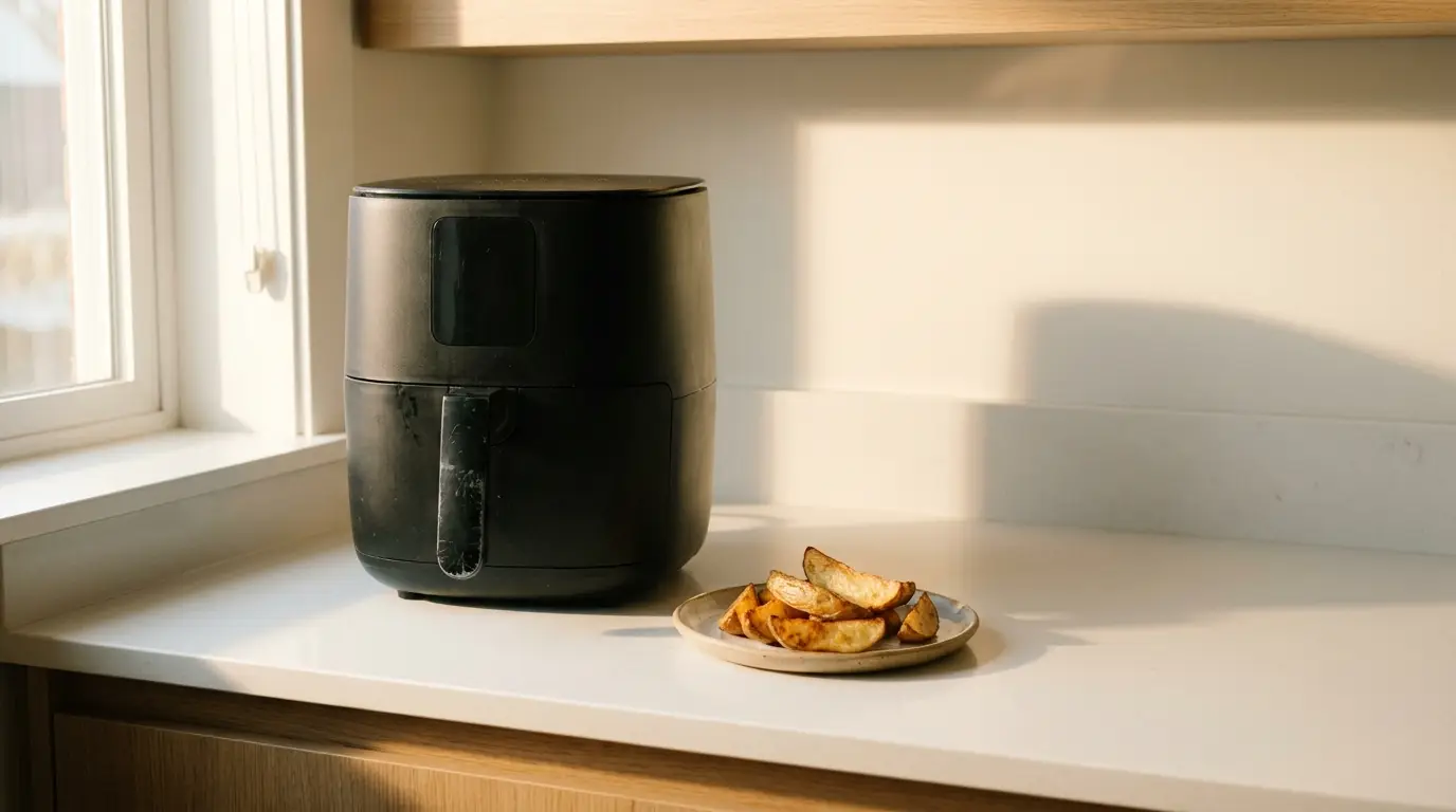 Black air fryer and plate of roasted potato wedges on white kitchen countertop