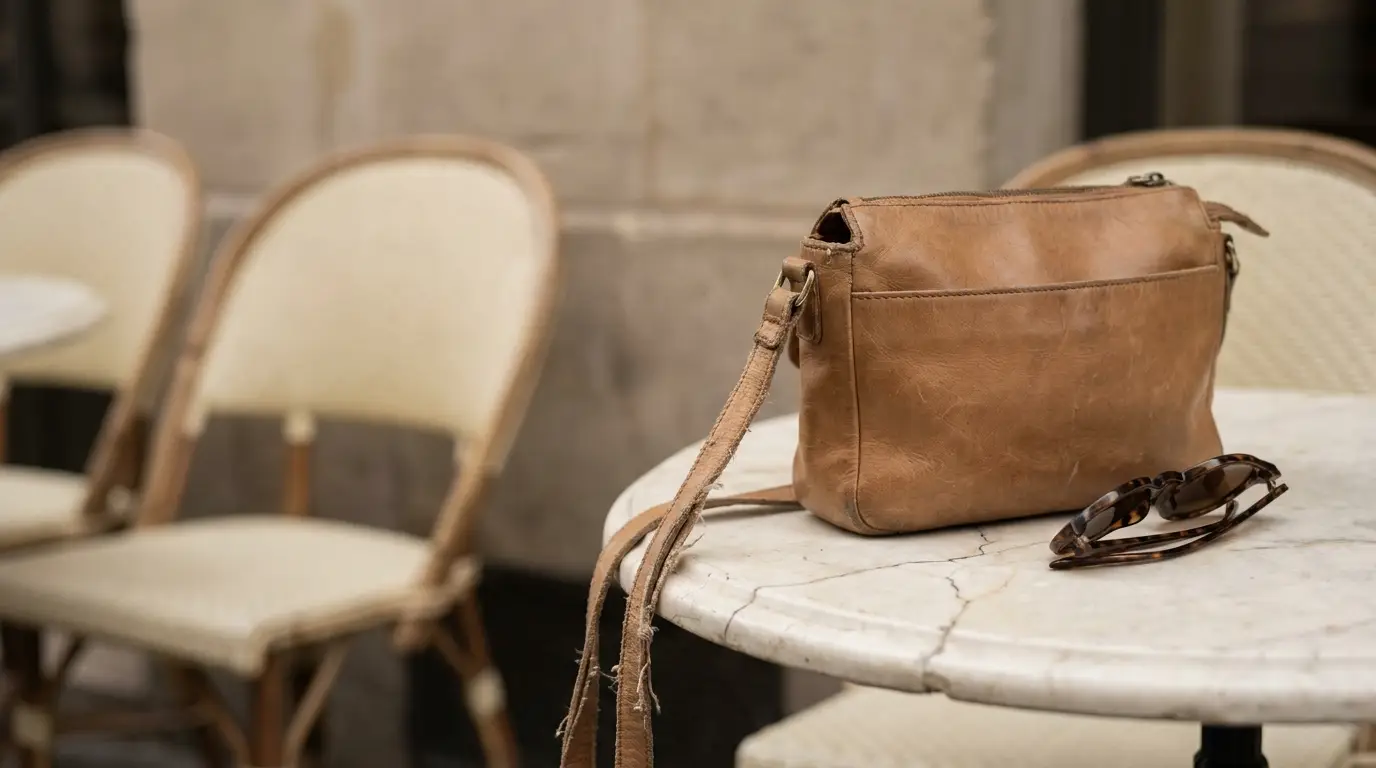 Brown leather handbag and sunglasses on round marble cafe table with wicker chairs nearby