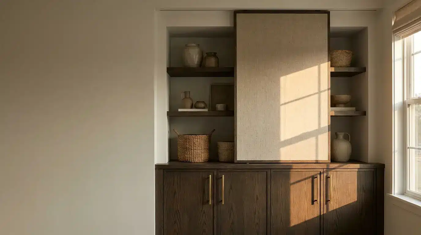 Wooden cabinet with woven baskets and pottery on shelves in sunlit room