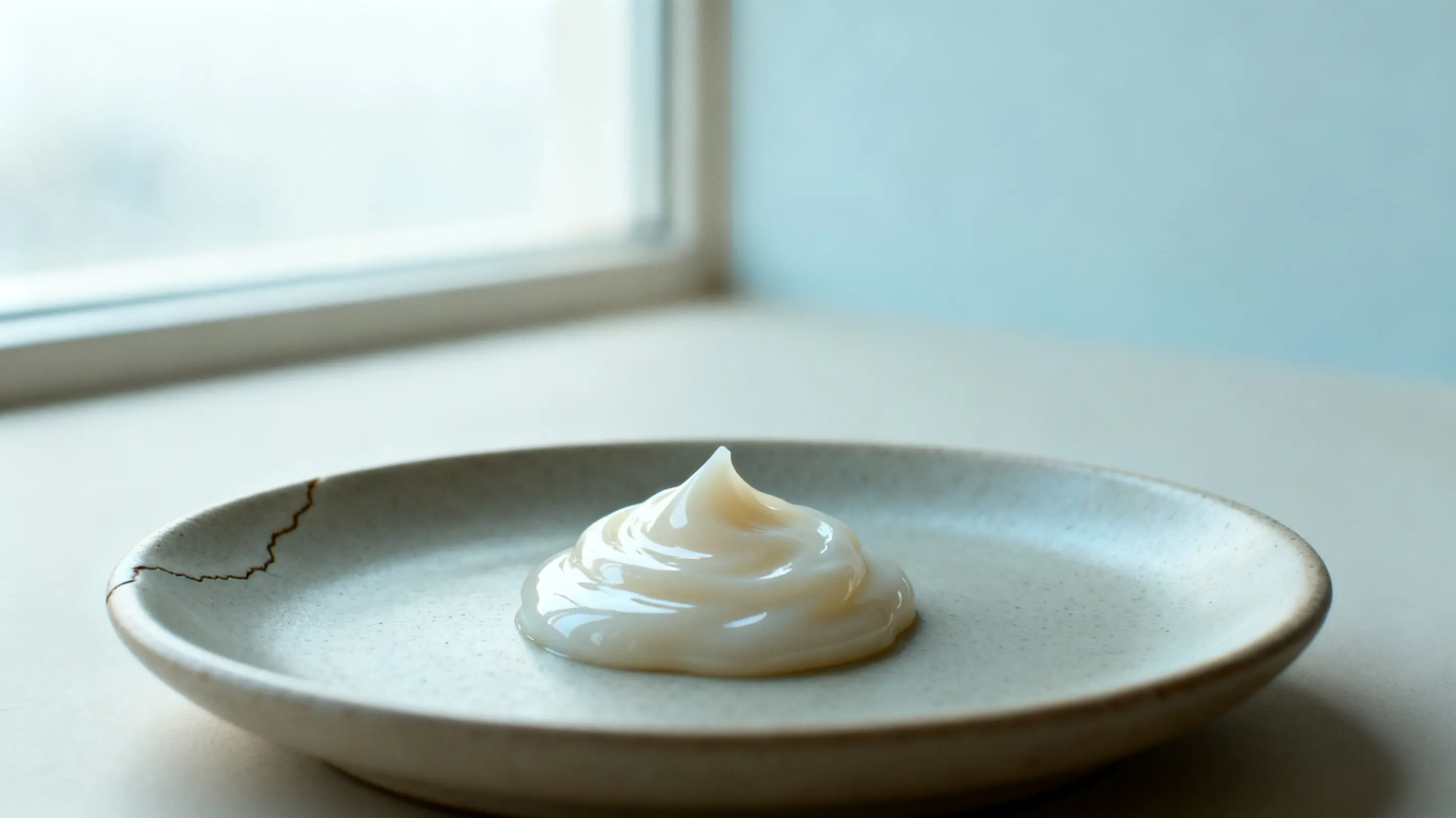 Creamy white dollop on a speckled ceramic plate near a bright window