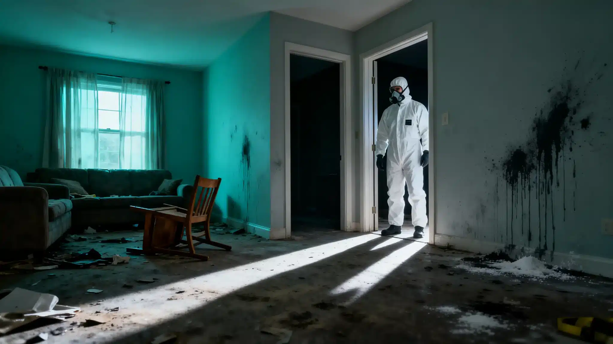 Person in protective suit stands in messy, dimly lit living room with overturned chair