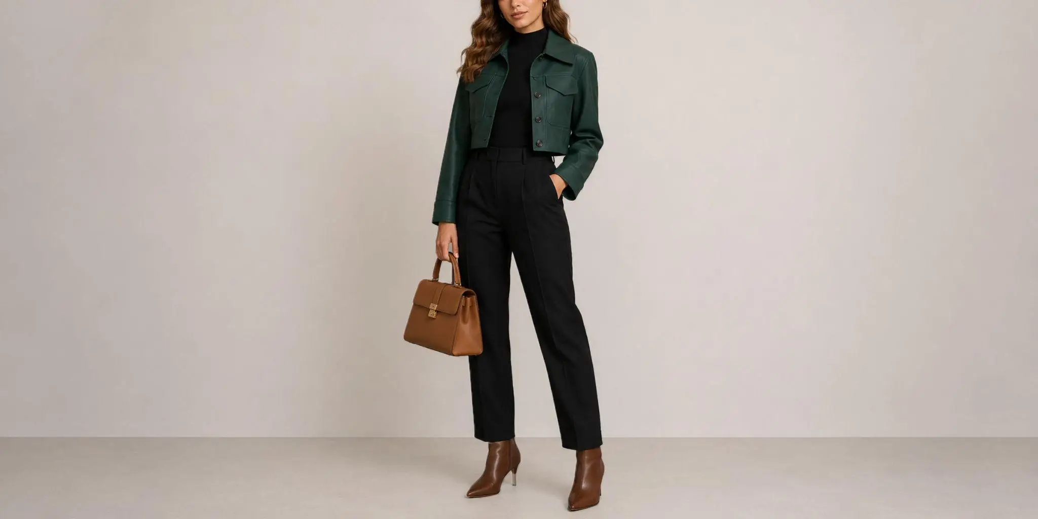 Woman in green jacket with brown handbag and boots against neutral background
