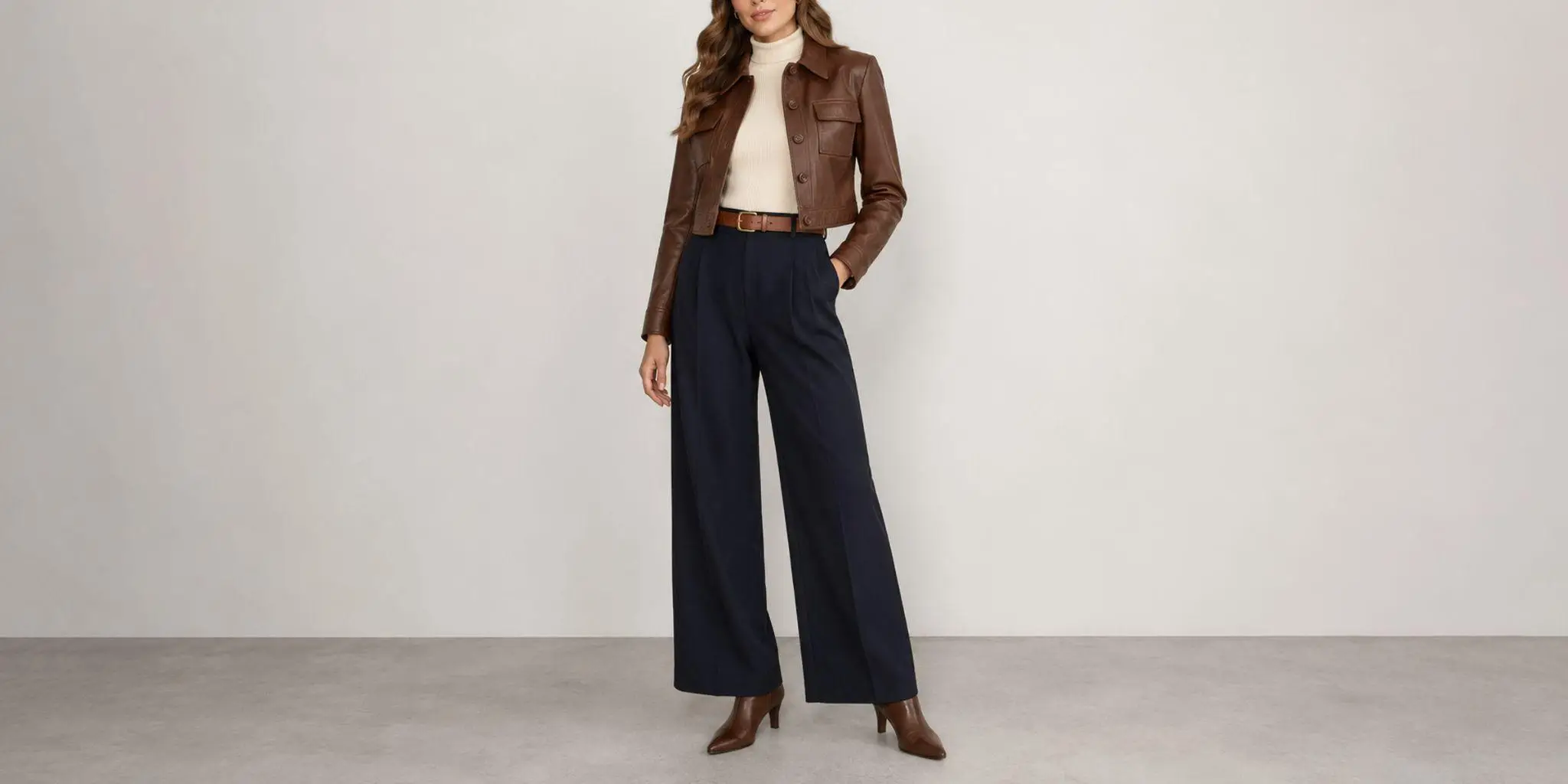 Brown leather jacket with beige turtleneck and navy wide-leg pants on neutral background