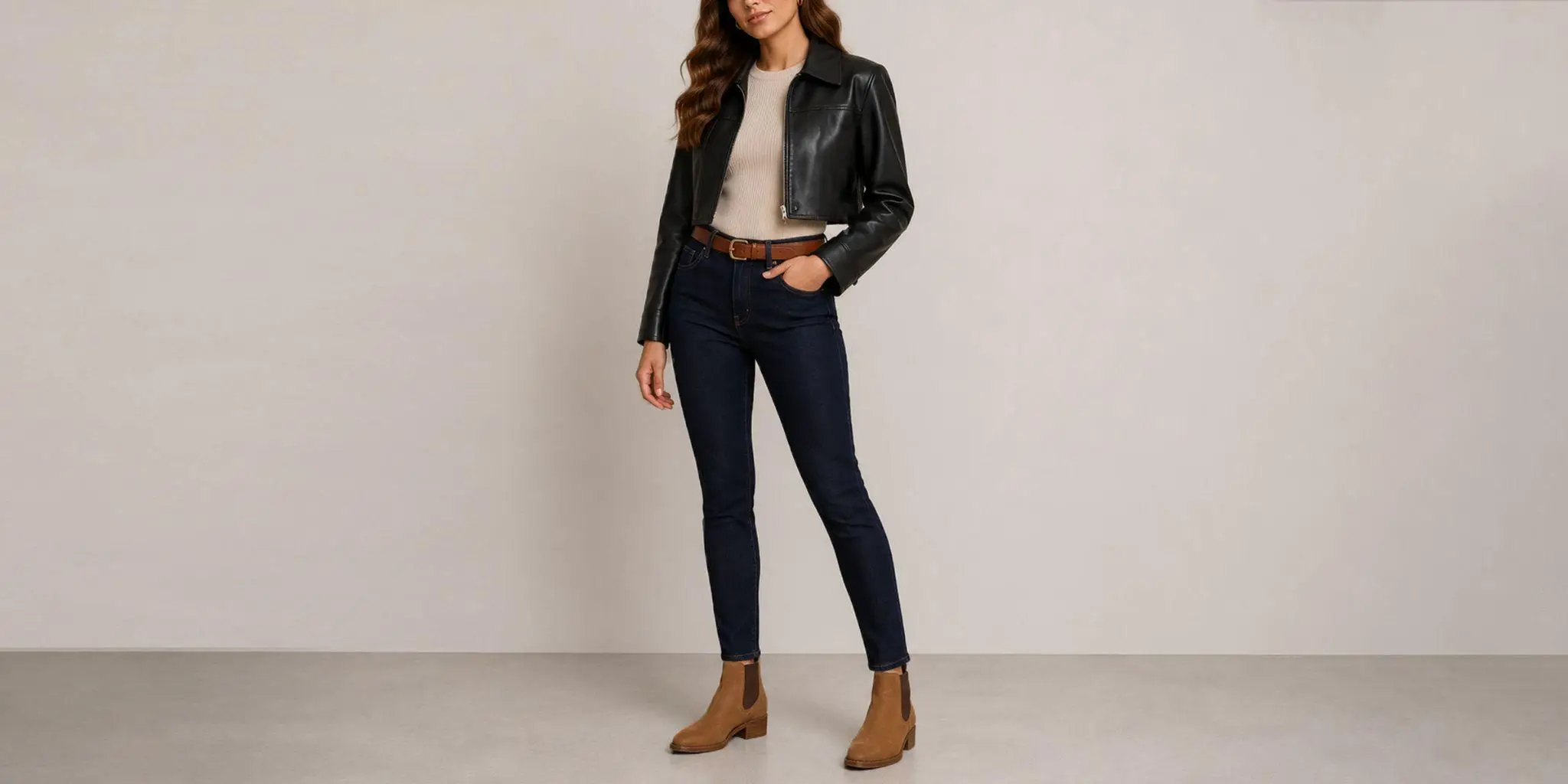 Woman in black leather jacket and jeans standing against a neutral background
