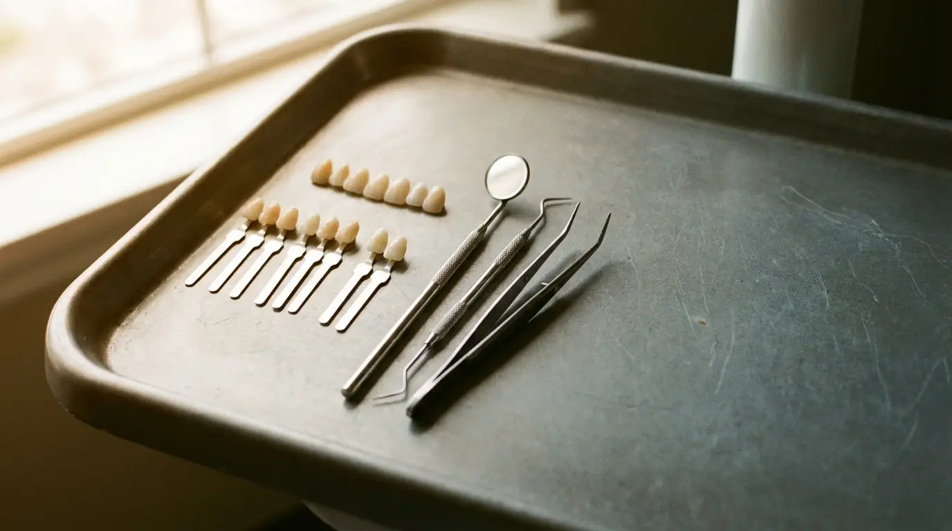 Dental tools and tooth shade guide on metal tray in clinical setting