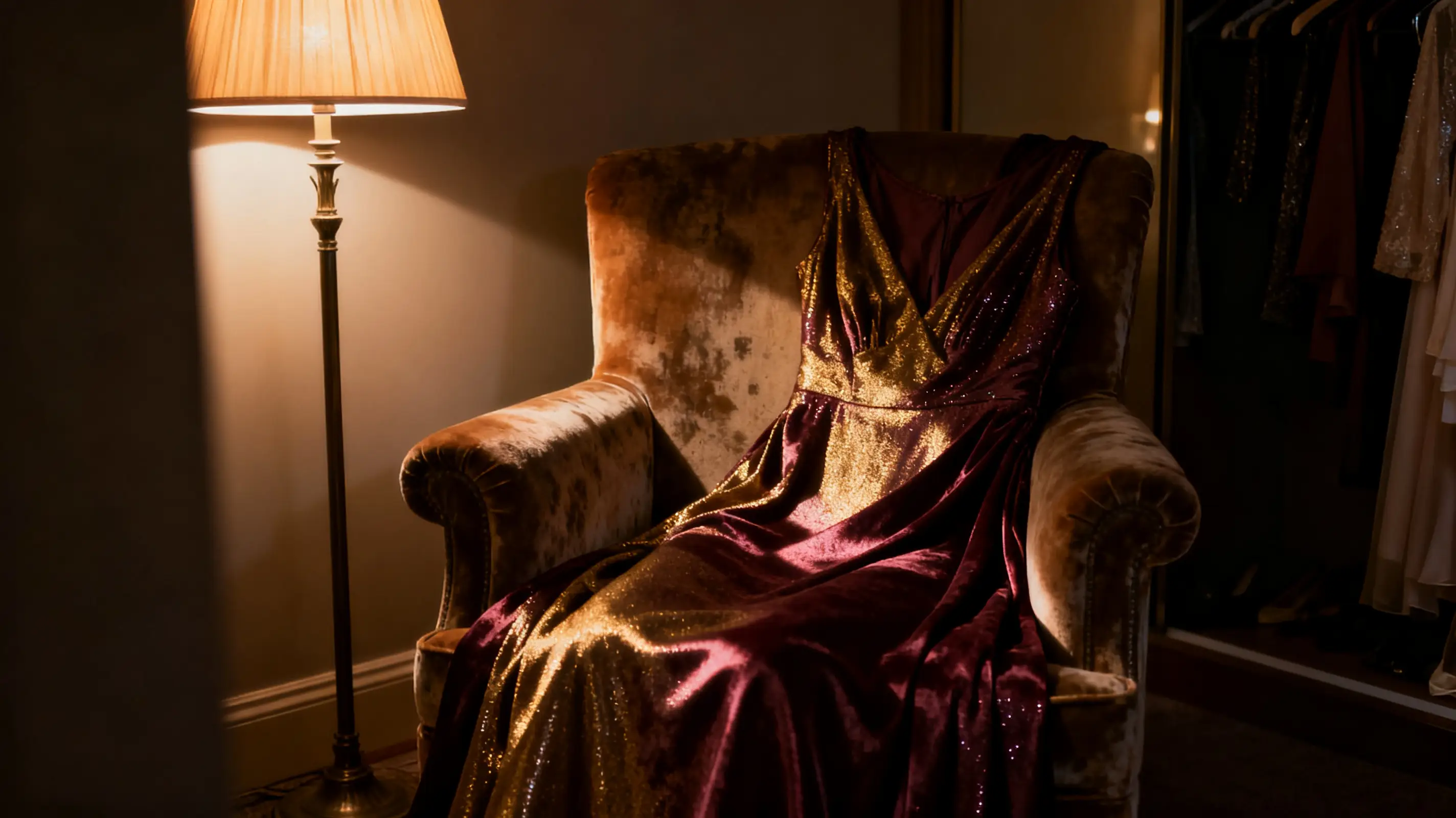 Luxurious velvet armchair with a shimmering burgundy gown under warm lamplight in a dimly lit room