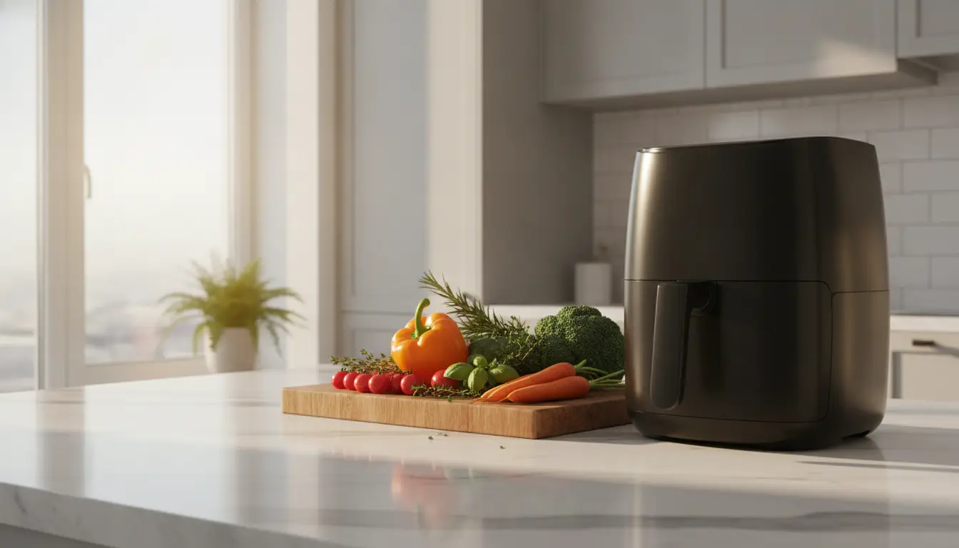 Air fryer next to fresh vegetables on marble countertop in modern kitchen