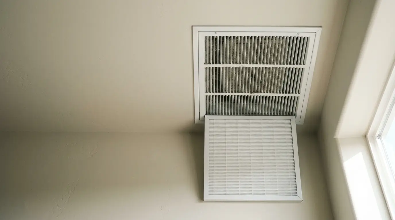 Ceiling air vent with a partially open filter in bright indoor setting