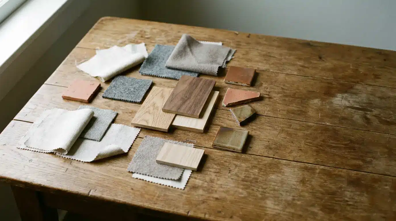 Fabric samples and wood swatches arranged on a rustic wooden table in natural light