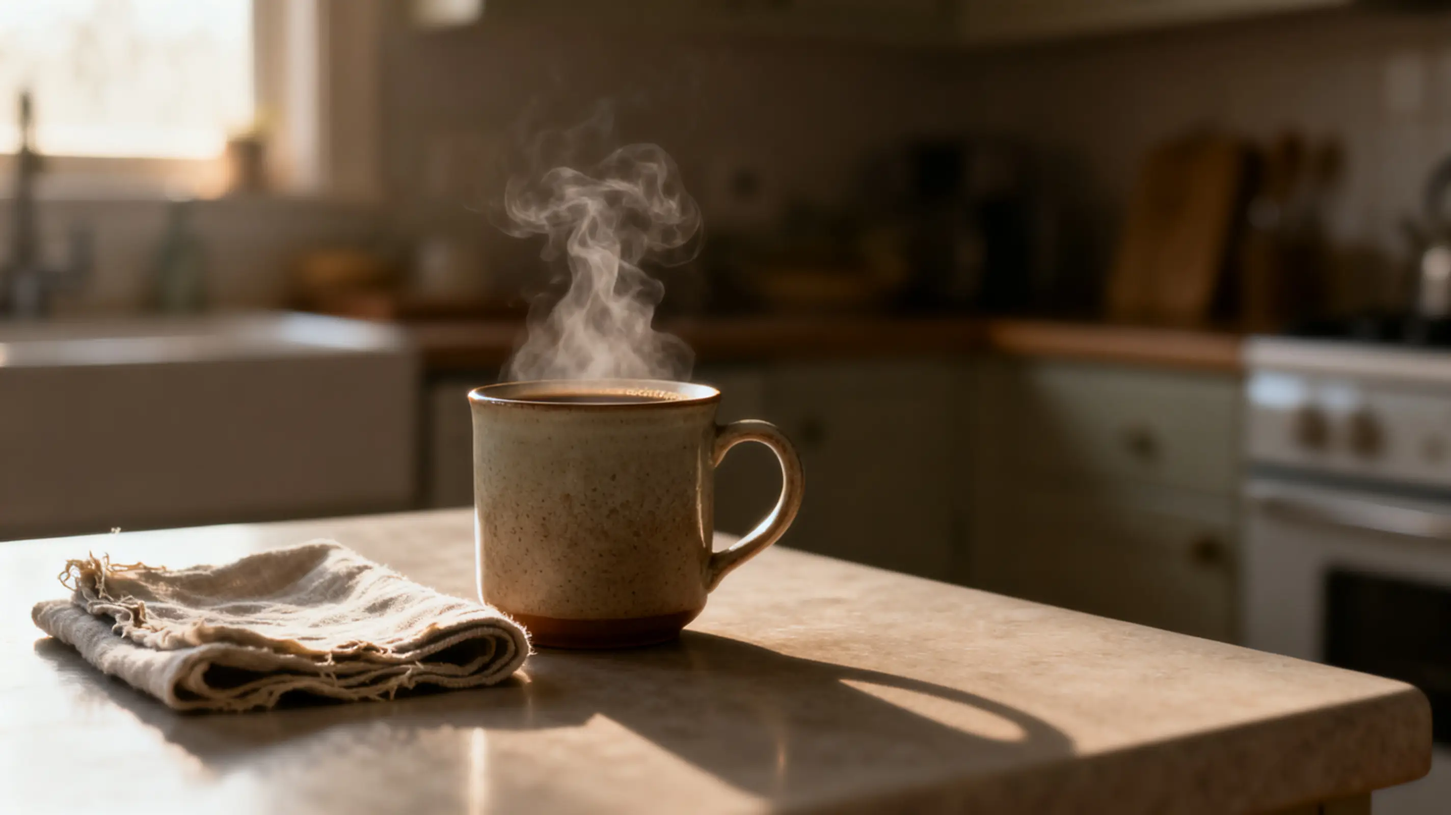 Steaming ceramic mug on kitchen counter with folded cloth in warm morning light