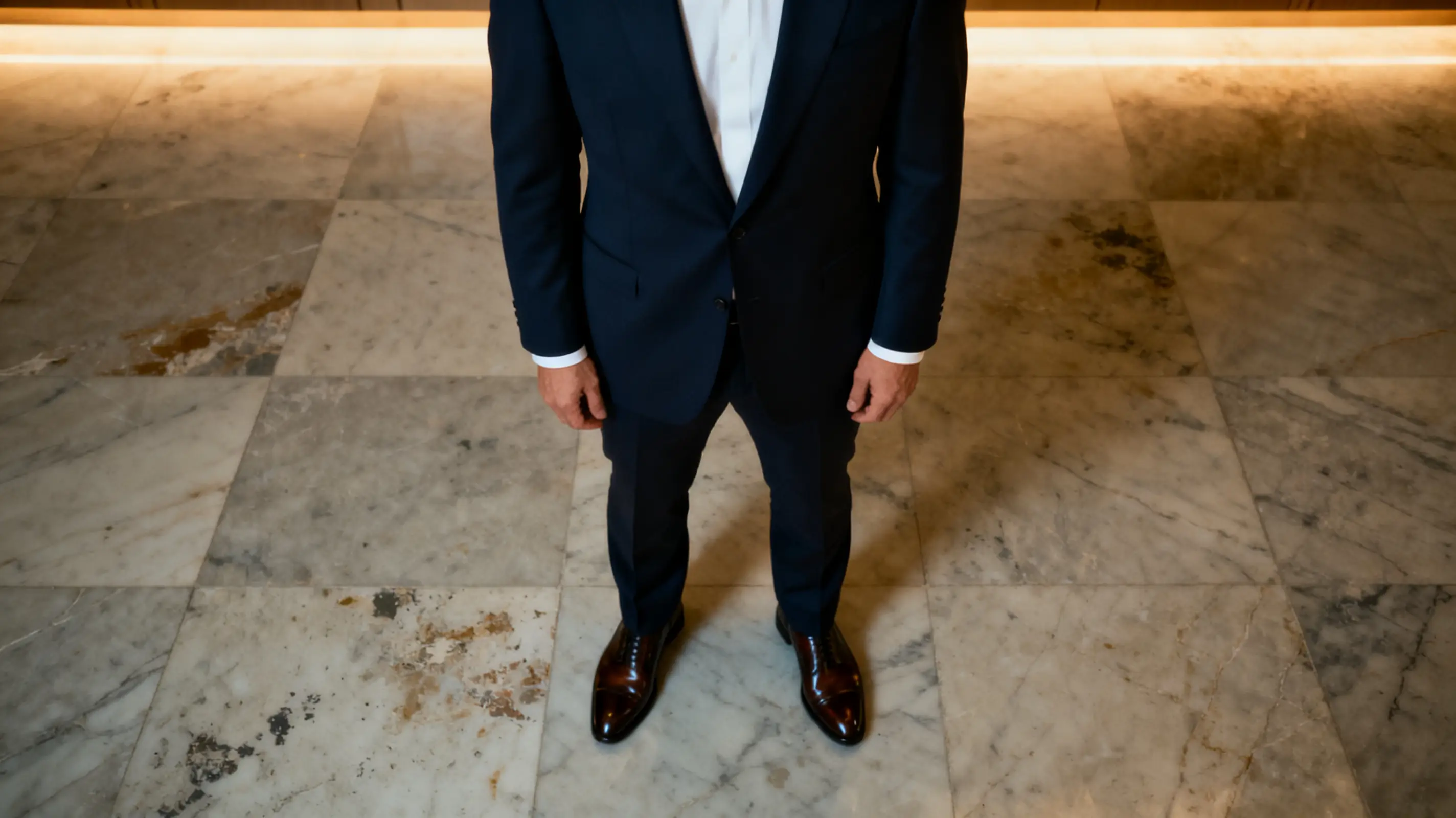 Man in navy suit standing on marble floor with warm lighting