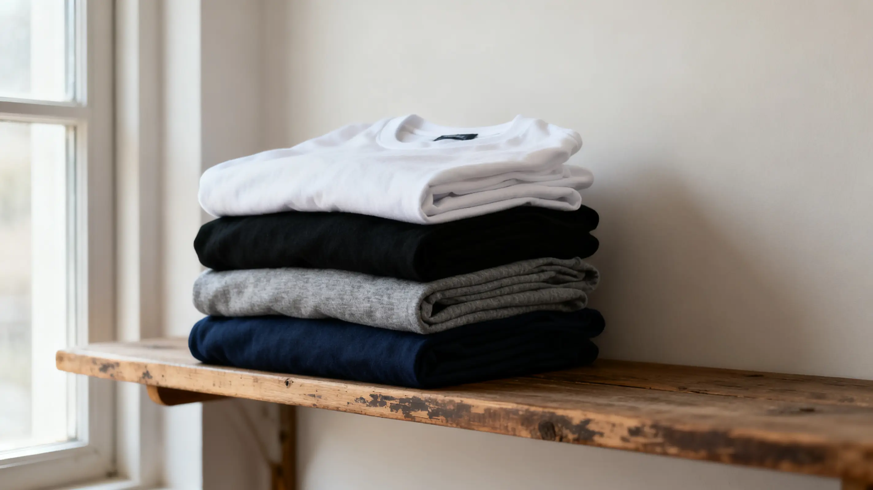 Folded t-shirts in various colors stacked on rustic wooden shelf near window