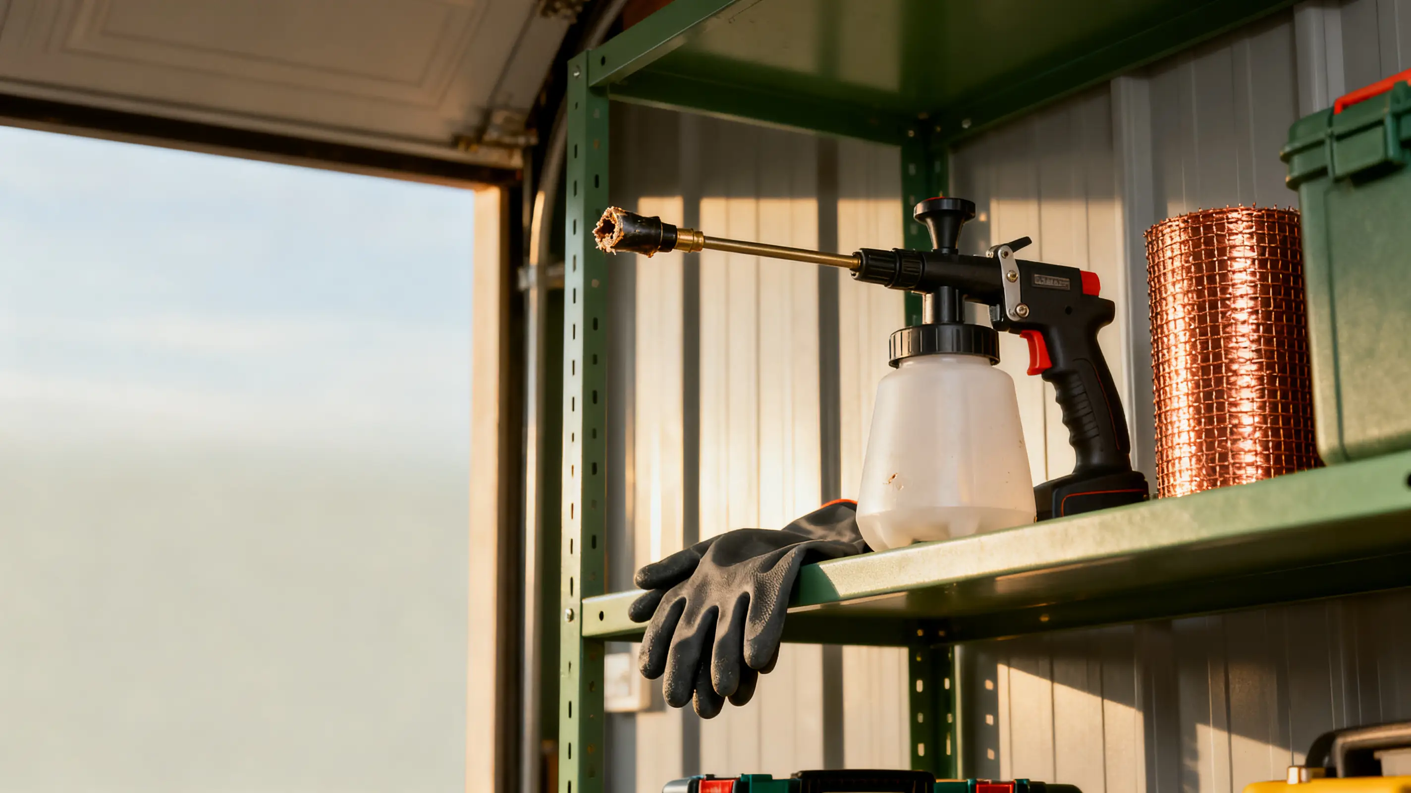 Spray gun and gloves on green metal shelf in sunlit garage workshop