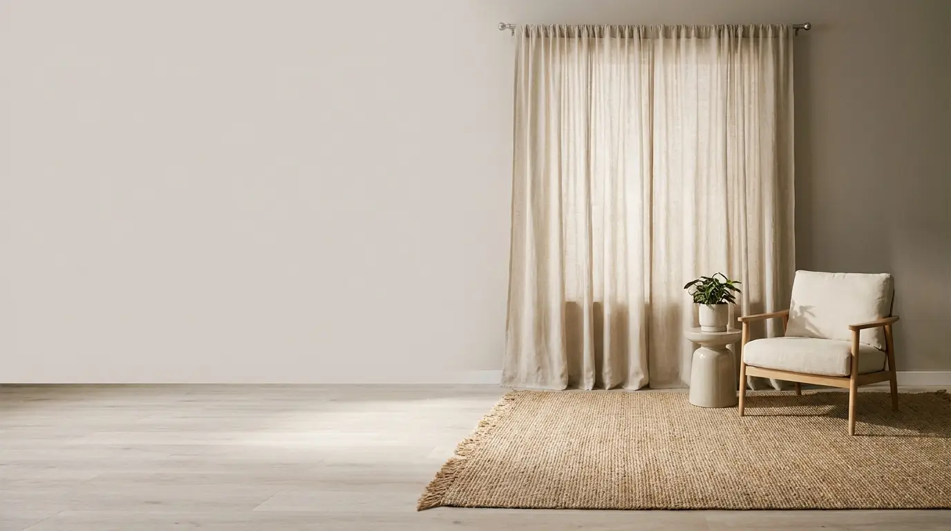 Beige armchair and plant on small table in minimalist living room with curtains