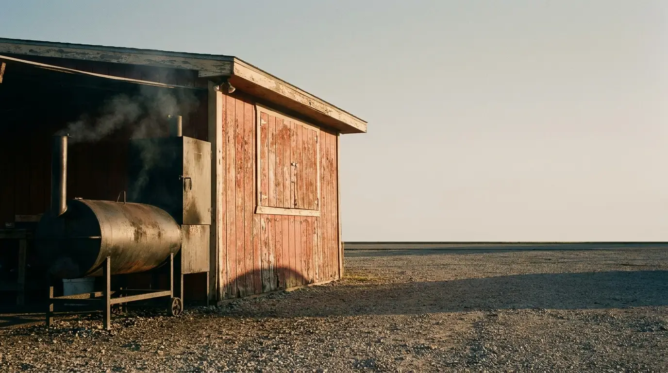 Weathered wooden smokehouse with metal smoker emitting smoke in a rural outdoor setting
