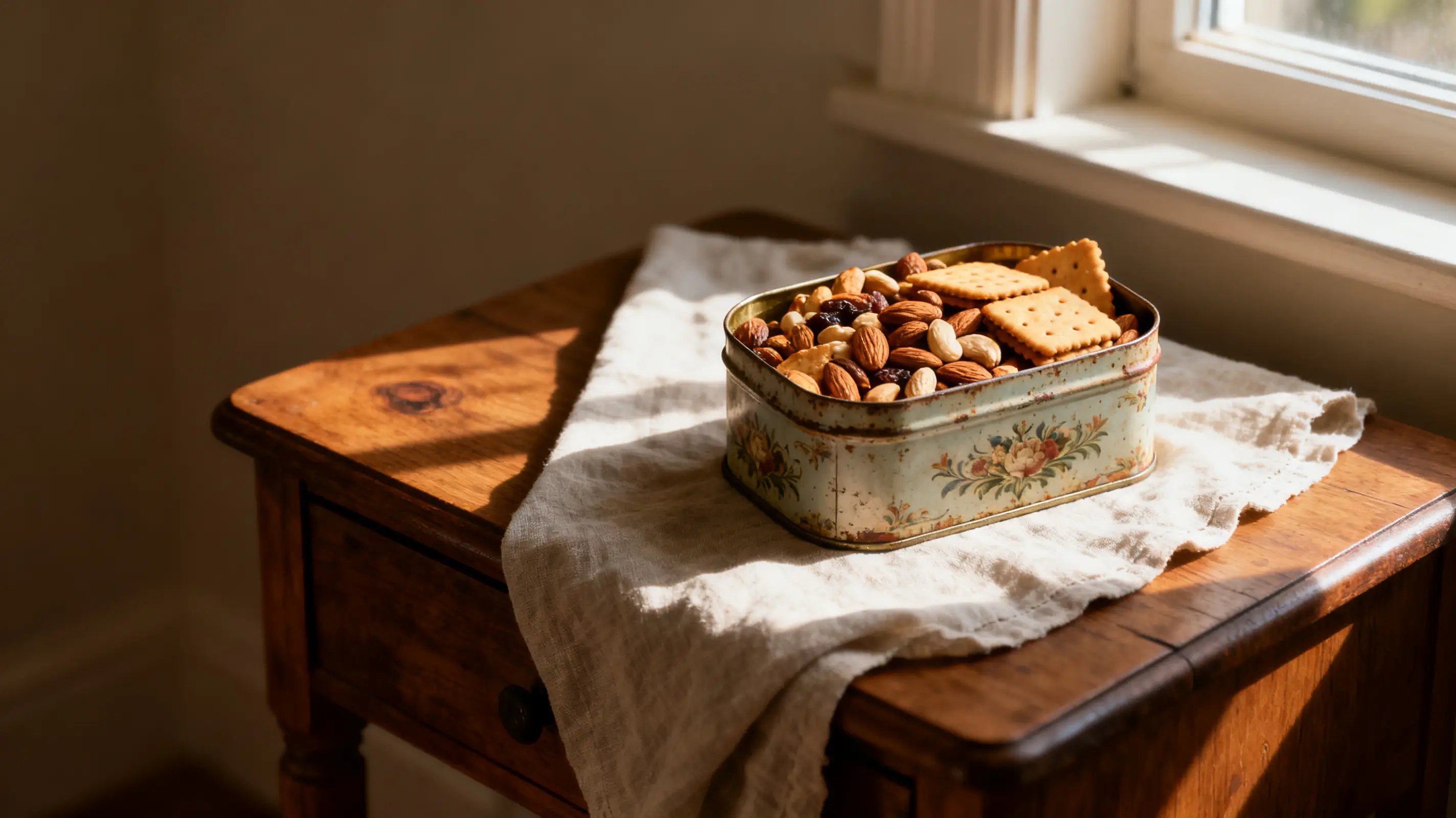 Vintage tin filled with nuts and crackers on wooden table in warm sunlight