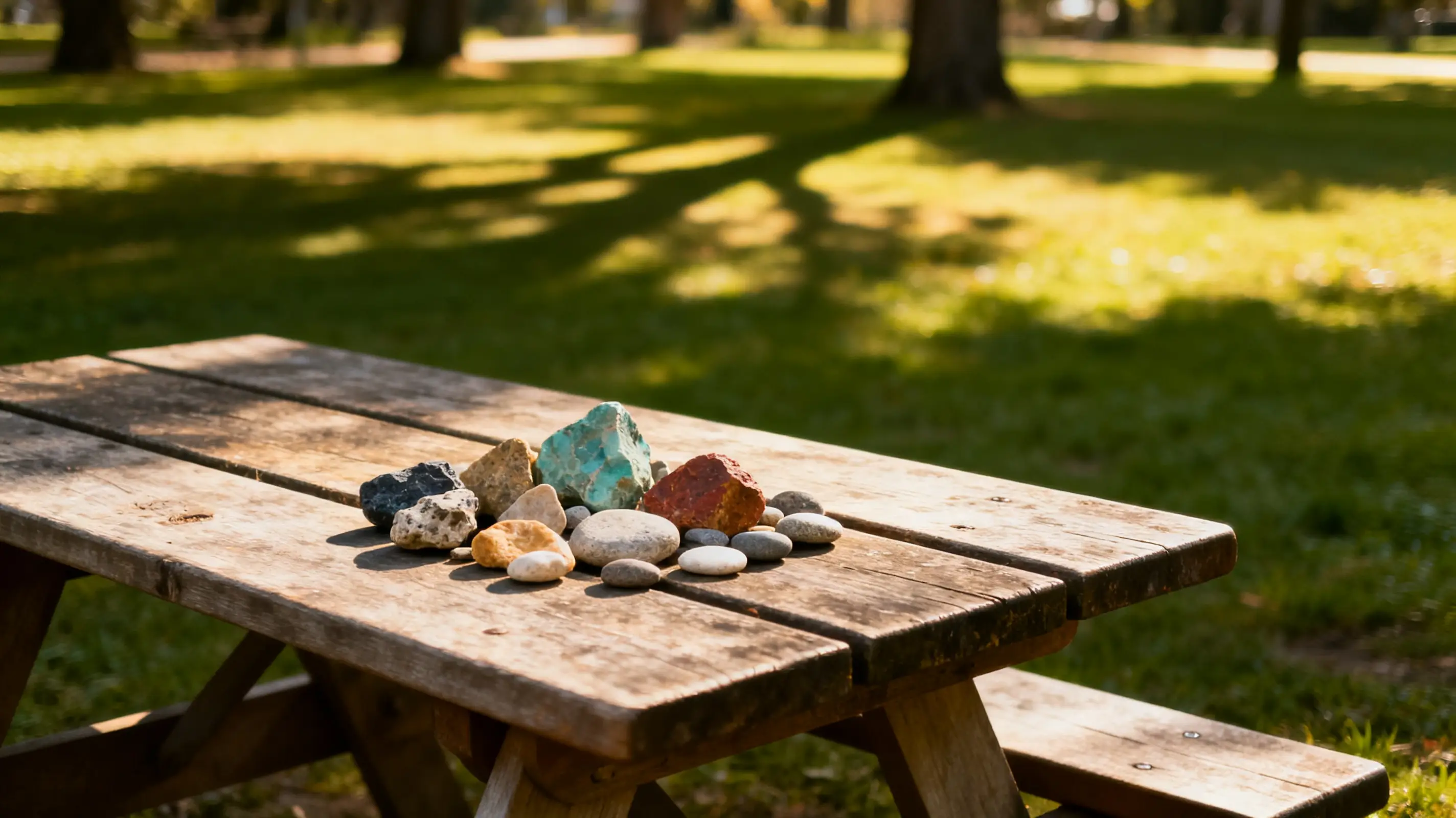 Colorful stones and pebbles arranged on weathered wooden picnic table in sunny park