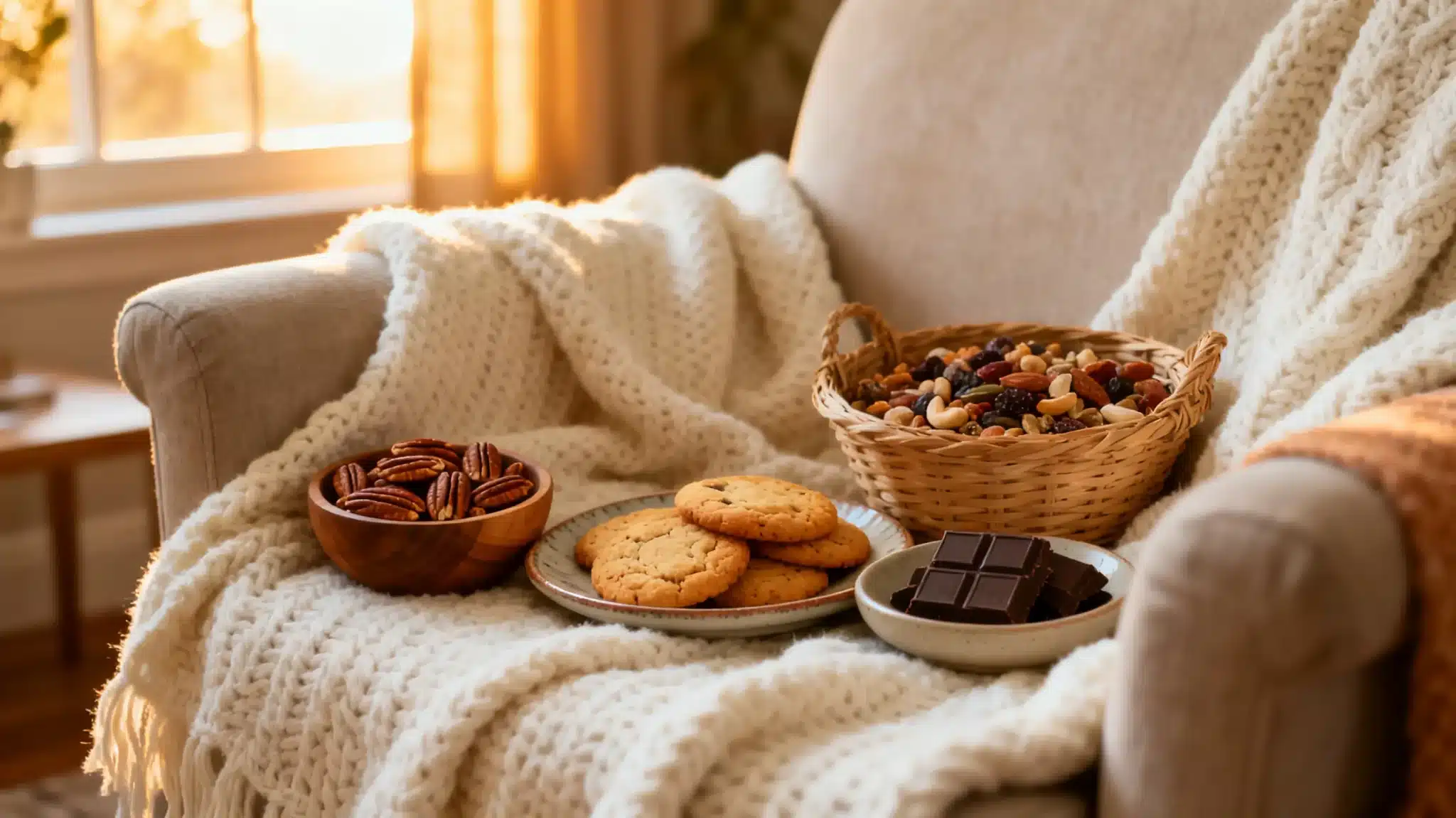 Cookies, chocolate, nuts, and pecans on beige couch with cozy knitted blanket in warm lighting