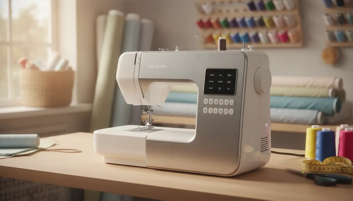 Sewing machine on wooden table in sunlit room with colorful threads and fabric rolls
