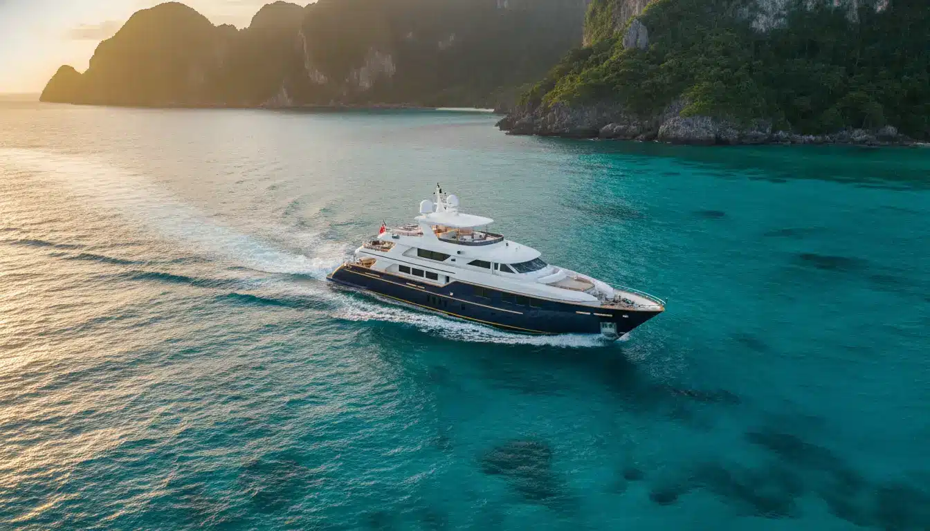 Luxury yacht sailing in blue ocean near lush green cliffs under warm sunlight