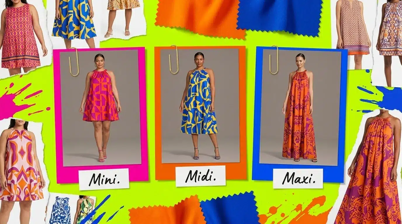 a fashion moodboard showing printed halter dresses in mini, midi, and maxi lengths with colorful fabric swatches