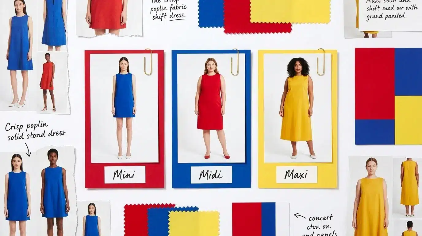a fashion moodboard with mini, midi, and maxi shift dress lengths in red, blue, and yellow with fabric swatches