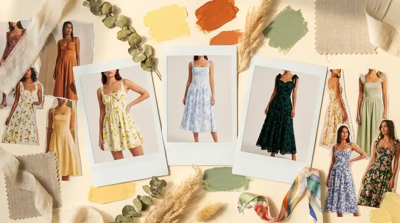 a fashion moodboard with multiple summer dress styles in floral and solid prints with paint swatches and fabric samples