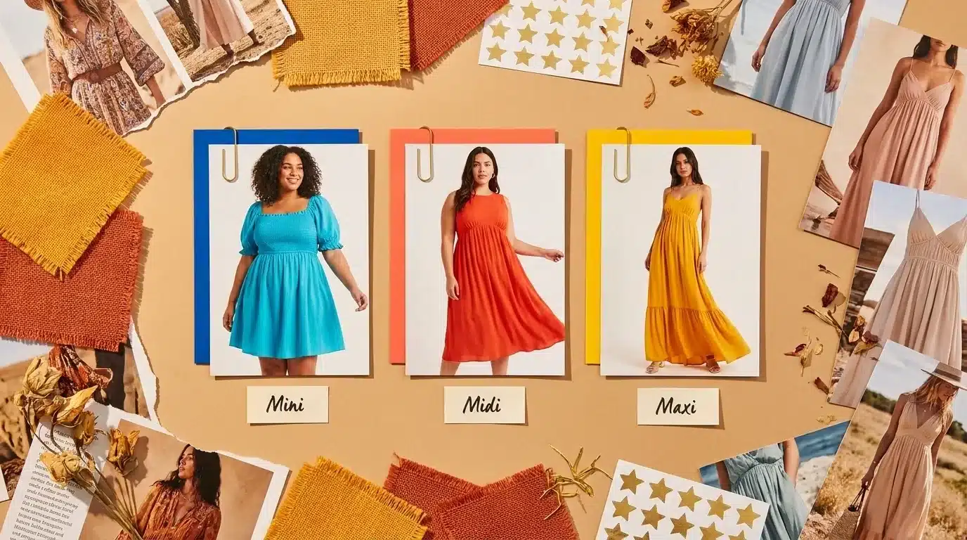a fashion moodboard with three dresses, a teal mini, a red midi, and a yellow maxi, labeled and on a warm tan background