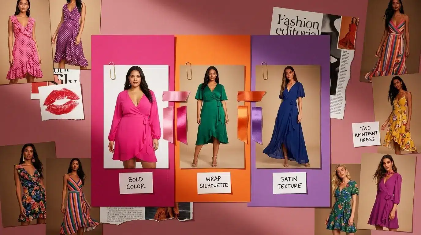 a fashion moodboard with wrap dress in hot pink, emerald green, and royal blue with satin texture on a pink background